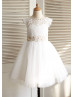 Ivory Lace Tulle Beaded Sash Knee Length Flower Girl Dress